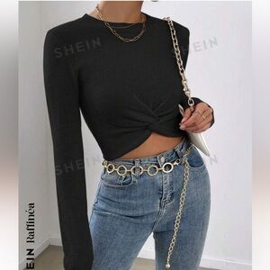SHEIN Black Long Sleeve Twist Front Top